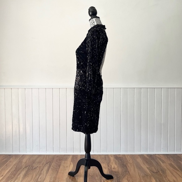 Zara Basic Black Mock Neck Open Back 3/4 Sleeve Sequin Mini Dress Size L - Picture 5 of 15
